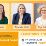 oben sind 3 Portraitbilder der Sprecherinnen für das Online Event mit QR Code, den Datum 26.09.2025 und der Uhrzeit 12 Uhr. Impulsvortrag "Nachfolge beginnt jetzt" ist als Titel in einem orangenen Kasten zu sehen.
