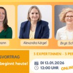 Portrait der 3 Expertinnen auf orangefarbenden Hintergrund mit Datum und QR Code