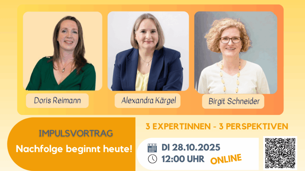 Portrait von Doris Reimann link, Alexandra Kärgel mitte und Birgit Schneider rechts. Hintergrund orange. Termin 28.10.2025 um 12 Uhr als Text