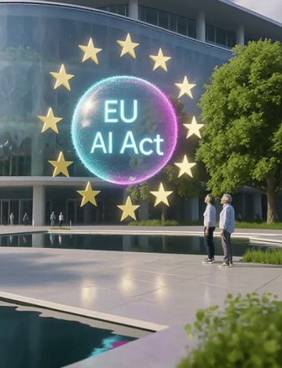 der EU AI Act in einer Seifenblase und rundherum die Europasterne vor einem futuritsichen Hintergrund